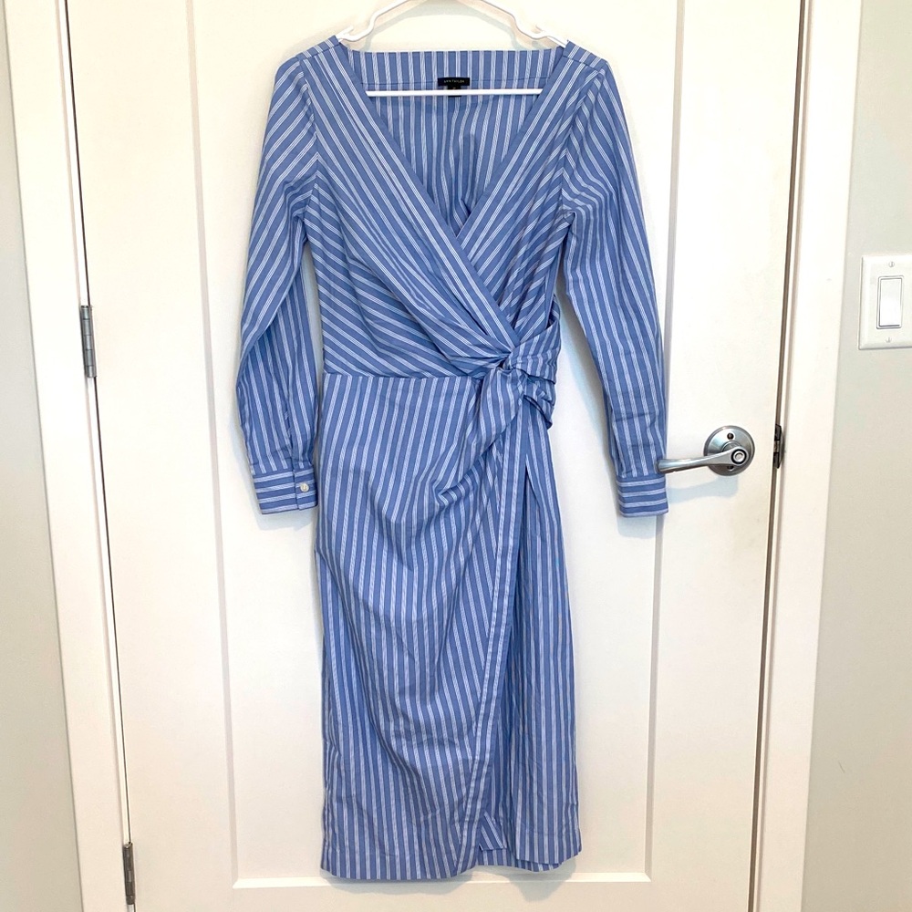 Ann Taylor Blue White Striped Twist Front Sheath Dress 2 Petite Long Sleeve